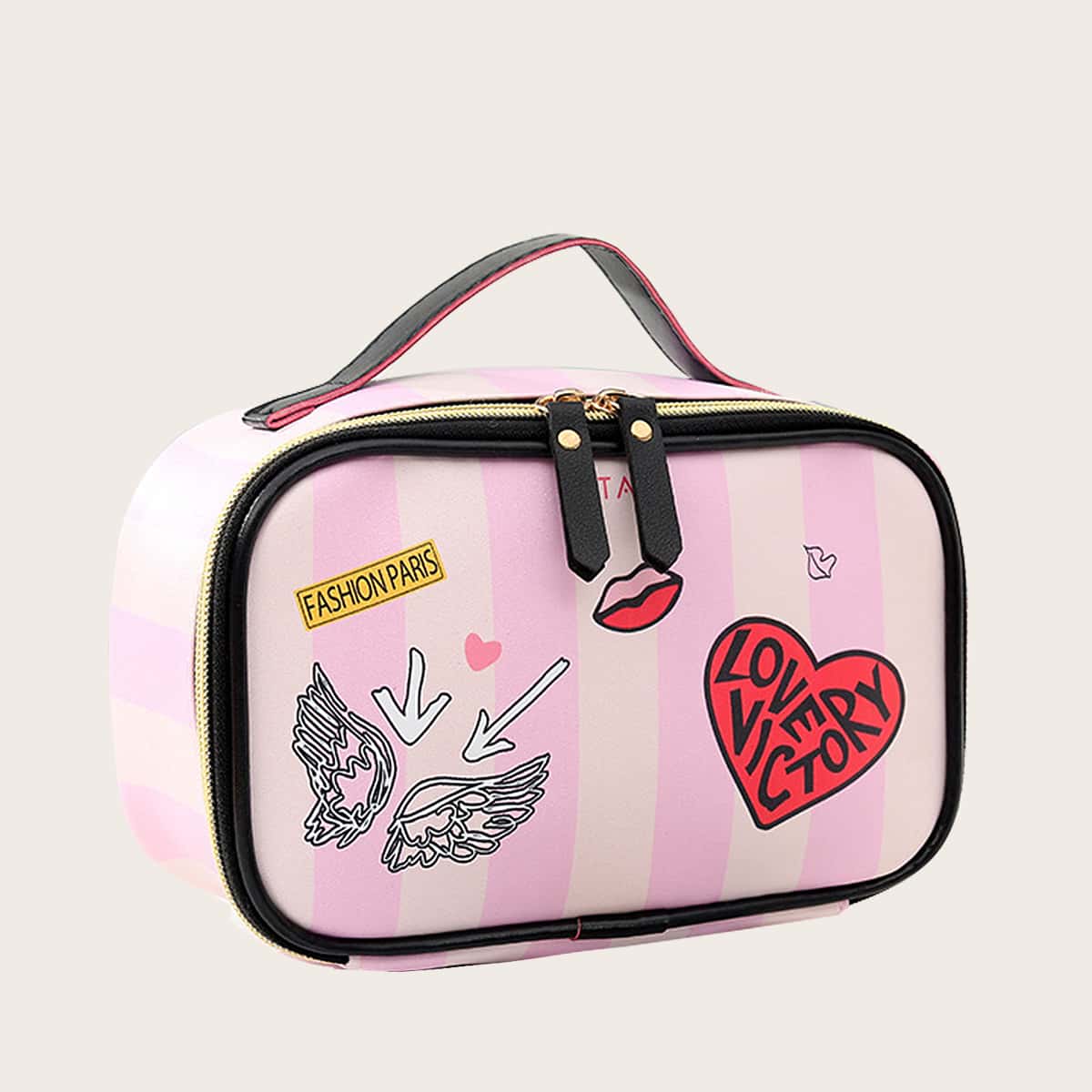 

Striped & Heart Makeup Bag, Multicolor