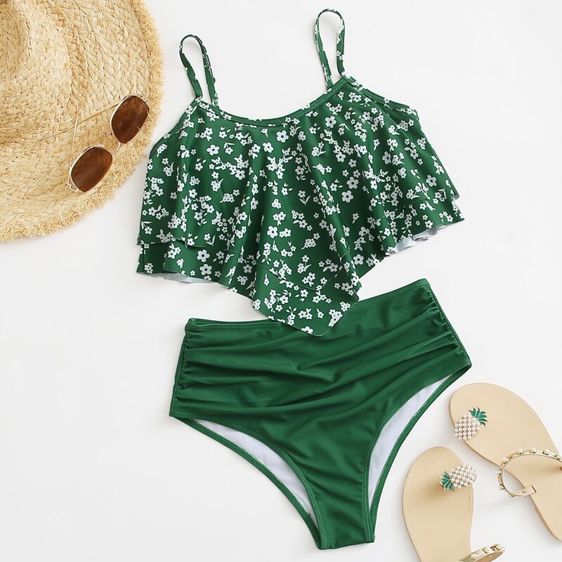 

Ditsy Floral Flounce High Waisted Bikini Swimsuit, Dark green