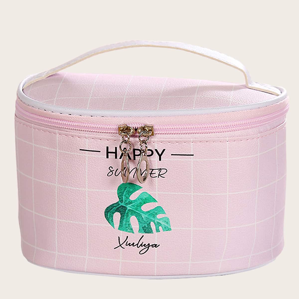 

Grid Palm Makeup Bag, Pastel baby pink