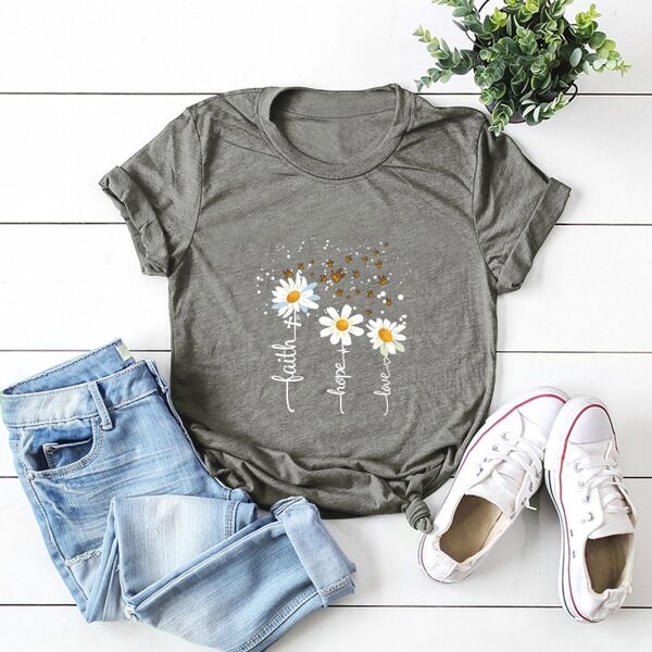 

Plus Letter & Floral Print Tee, Grey