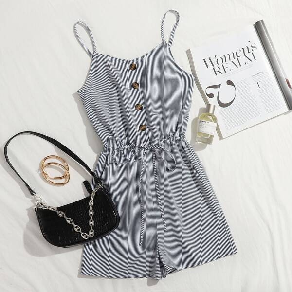 

Button Front Drawstring Waist Striped Cami Romper, Blue and white