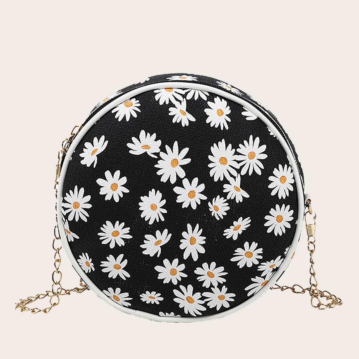 

Daisy Round Chain Crossbody Bag, Black and white