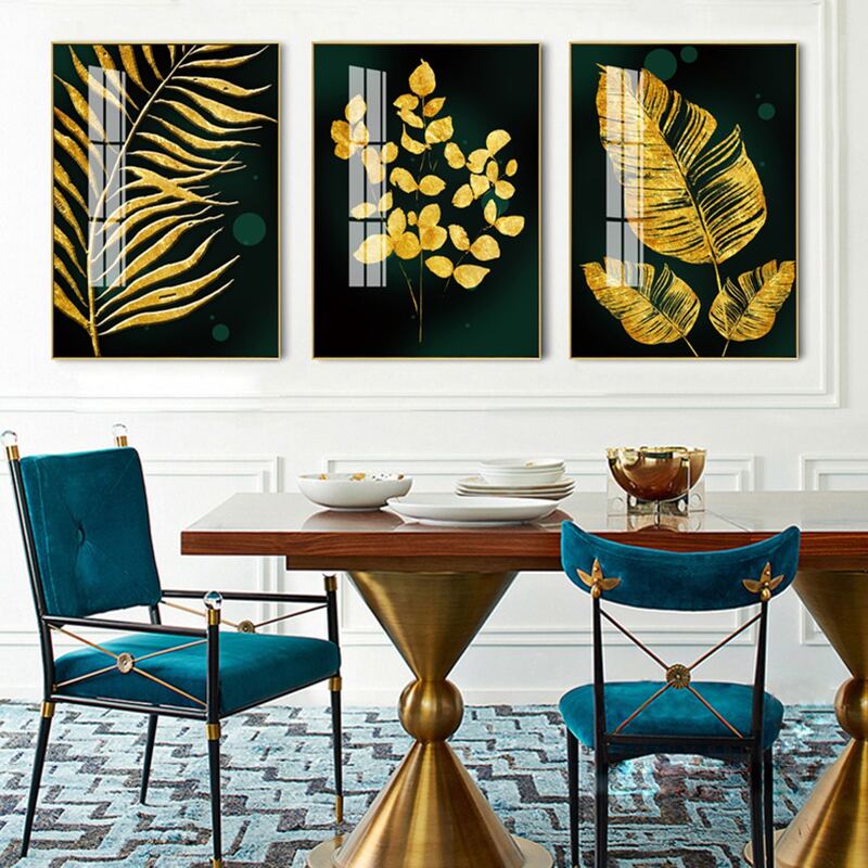 

3pcs Leaf Print Wall Painting Without Frame, Gold