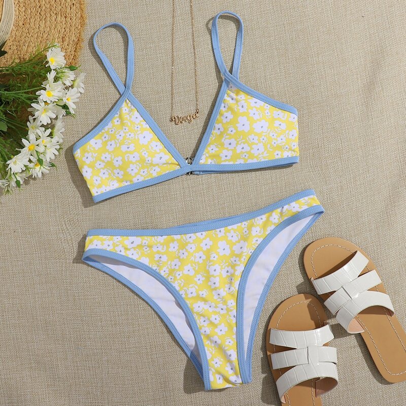 

Ditsy Floral Contrast Binding Bikini Swimsuit, Yellow
