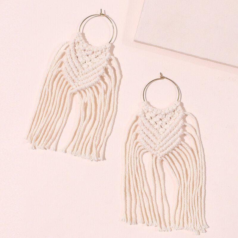 

Braided Tassel Hoop Earrings, Beige