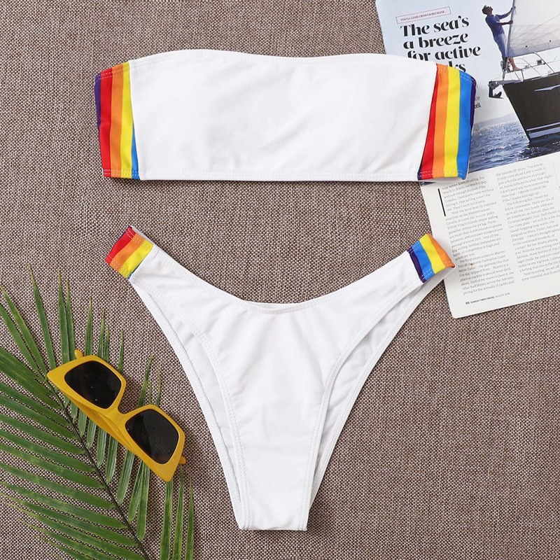 

Rainbow Stripe High Leg Bikini Swimsuit, White