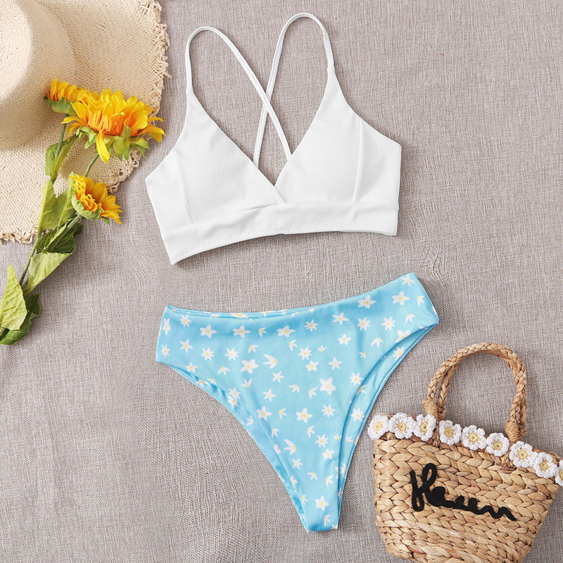 

Rib Ditsy Floral Lace-up Bikini Swimsuit, Blue and white