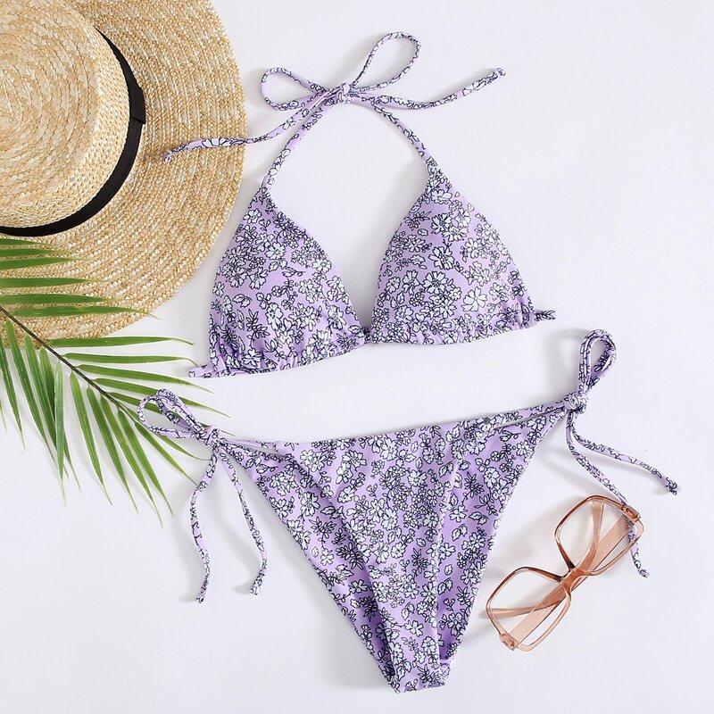 

Ditsy Floral Triangle Tie Side Bikini Swimsuit, Lilac purple