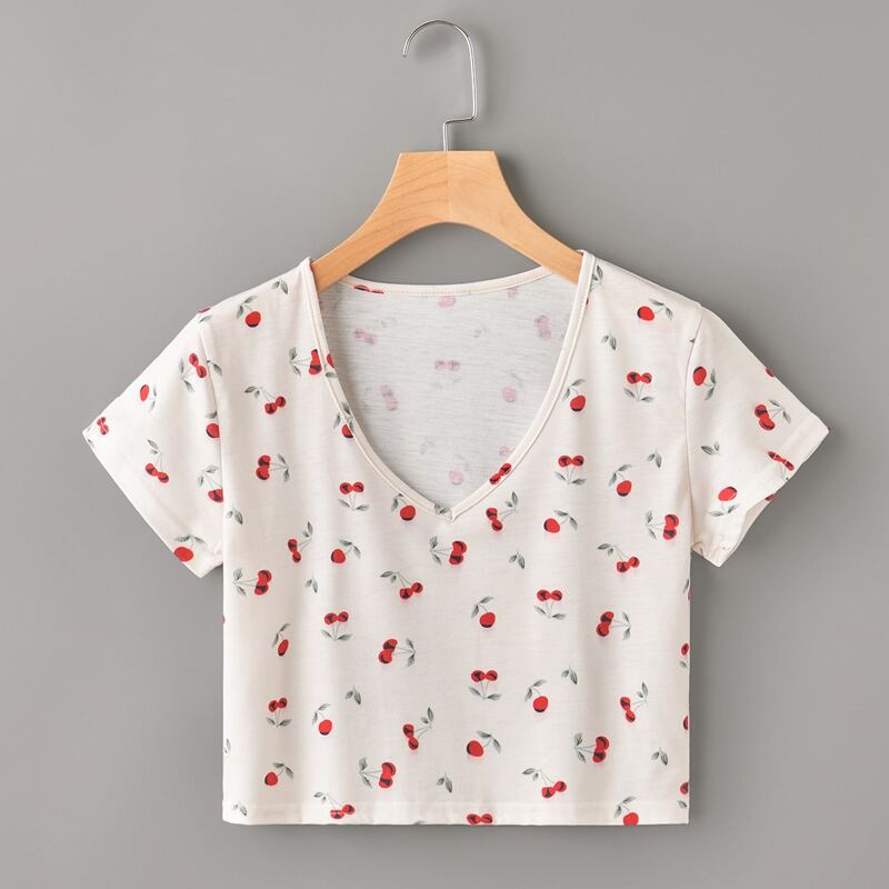 

Cherry Print Crop Tee, White