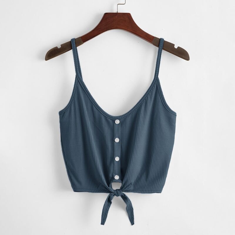 

Button Front Knot Crop Cami, Navy blue