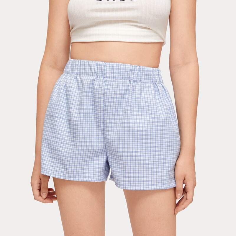 

Plaid Elastic Waist Shorts, Baby blue