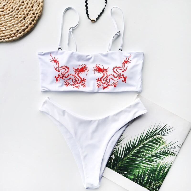 

Dragon Print High Cut Bikini Swimsuit, White