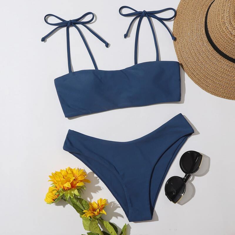 Tie Shoulder Bikini Swimsuit, Navy blue
