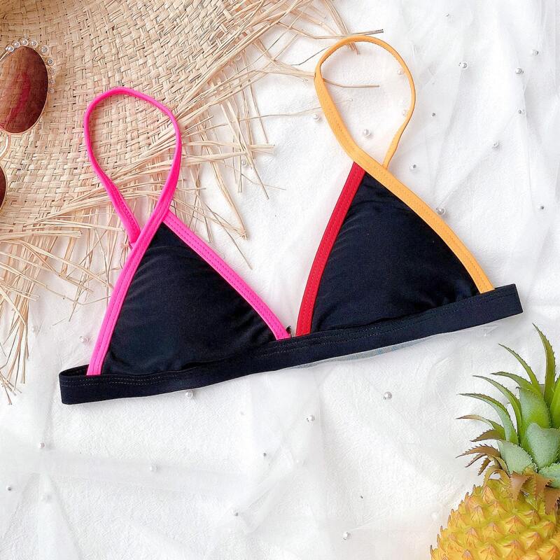 

Contrast Binding Triangle Bikini Top, Black