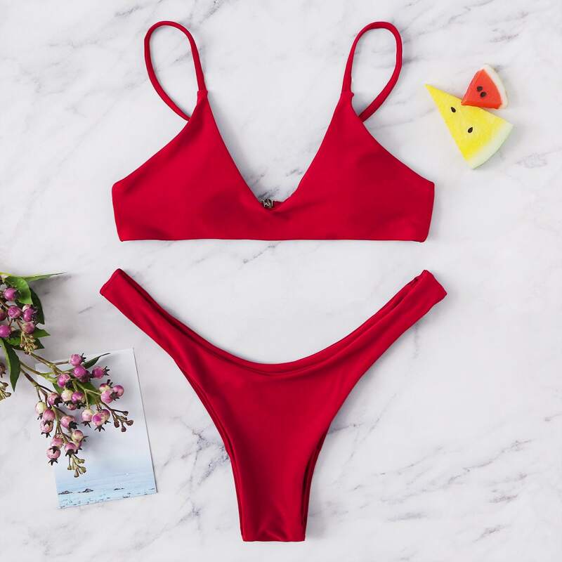 

Spaghetti Strap High Cut Bikini Swimsuit, Red