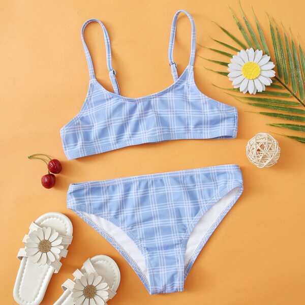 

Girls Plaid Pattern Bikini Swimsuit, Pastel baby blue