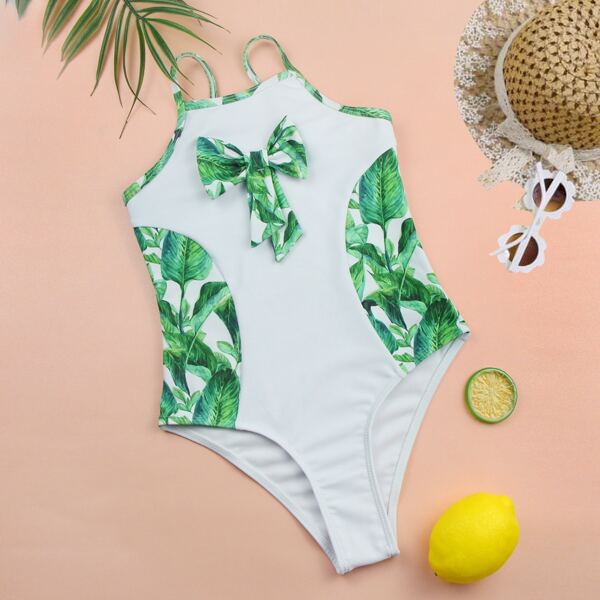 

Girls Plant Print Bow Front One Piece Swimsuit, White