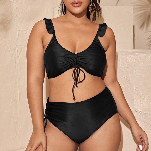 

Plus Drawstring Front Ruffle Bikini Top, Black
