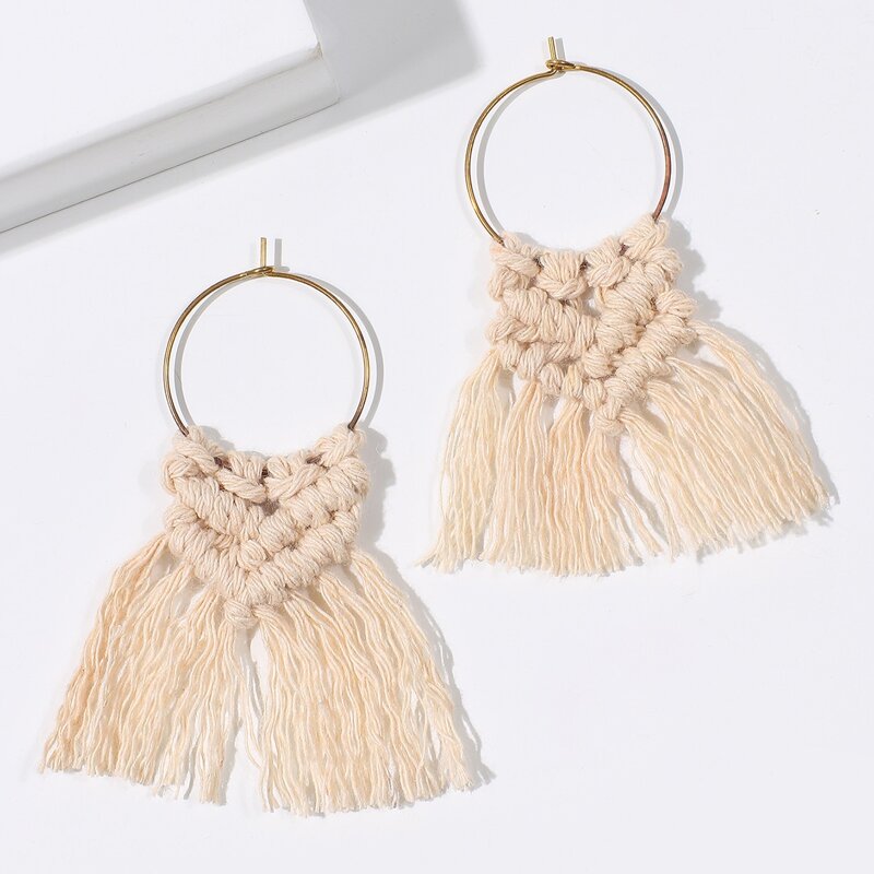 

Braided Tassel Hoop Earrings, Beige