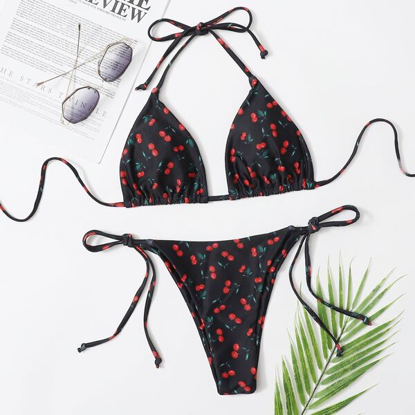 

Cherry Print Triangle Tie Side Bikini Swimsuit, Black