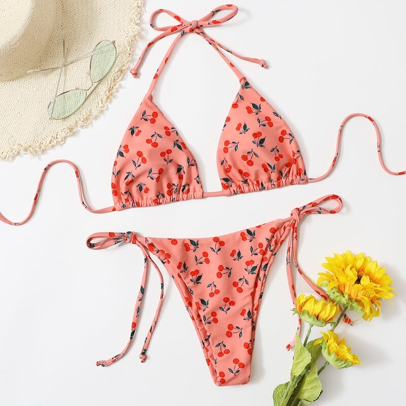 

Cherry Print Triangle Tie Side Bikini Swimsuit, Coral pink