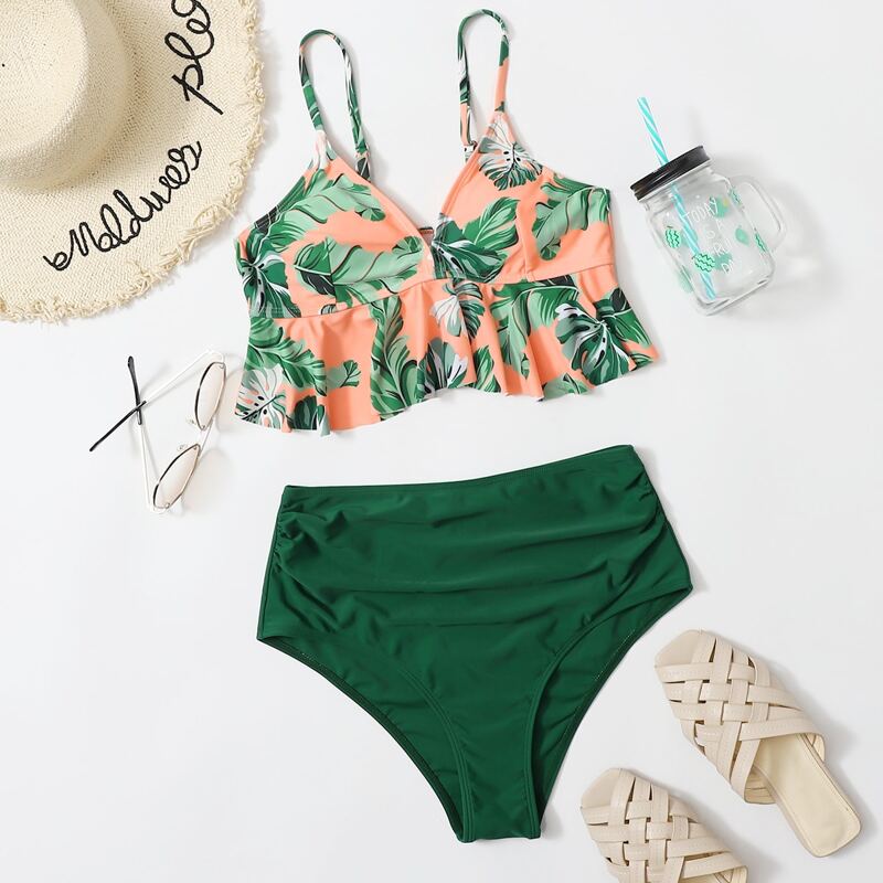 

Tropical Ruffle Hem High Waisted Bikini Swimsuit, Multicolor