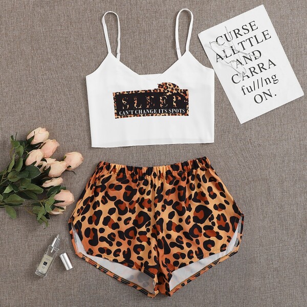 

Leopard And Slogan Graphic Cami Pajama Set, Multicolor