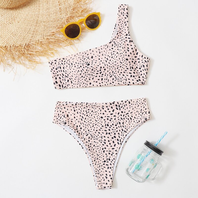 

Allover Print One Shoulder Bikini Swimsuit, Pastel baby pink