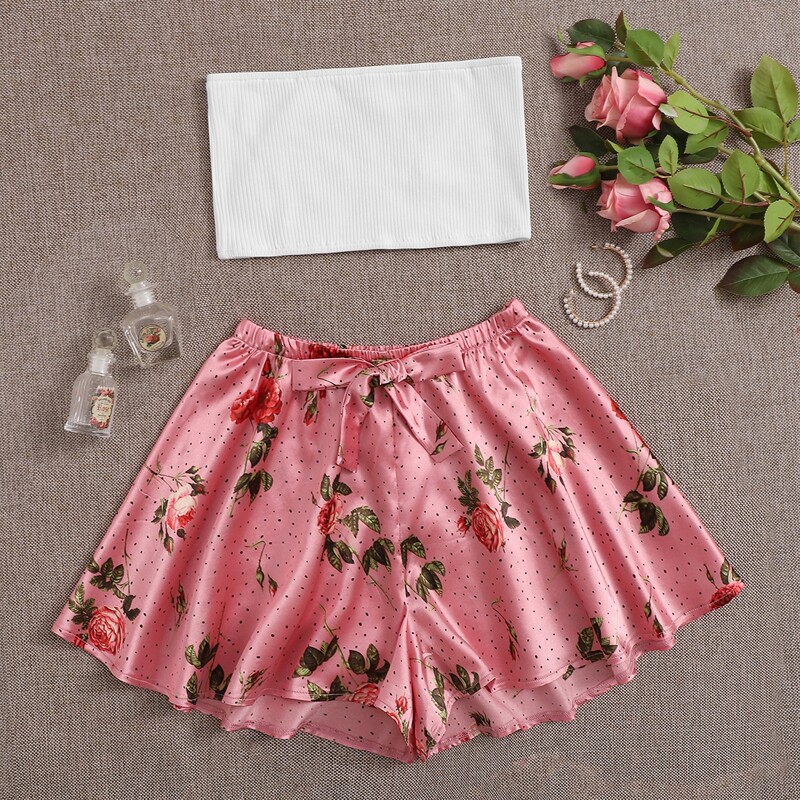 

Tube Top With Floral Tie Front Shorts Pajama Set, Multicolor