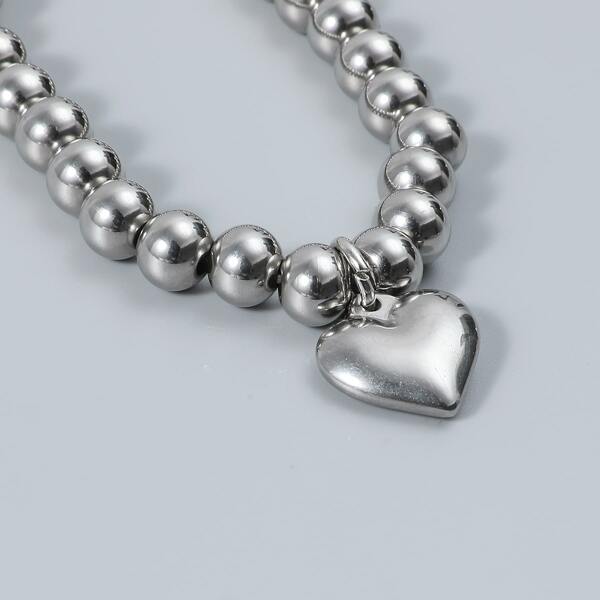 

Men Heart Charm Beaded Bracelet, Silver