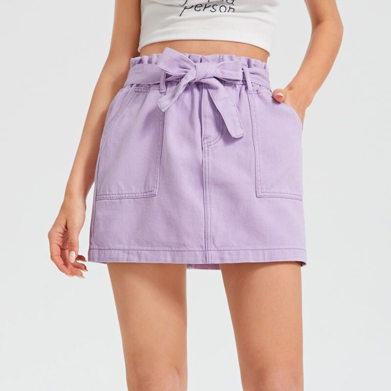 

Paperbag Waist Belted Slant Pocket Denim Skirt, Pastel lilac purple