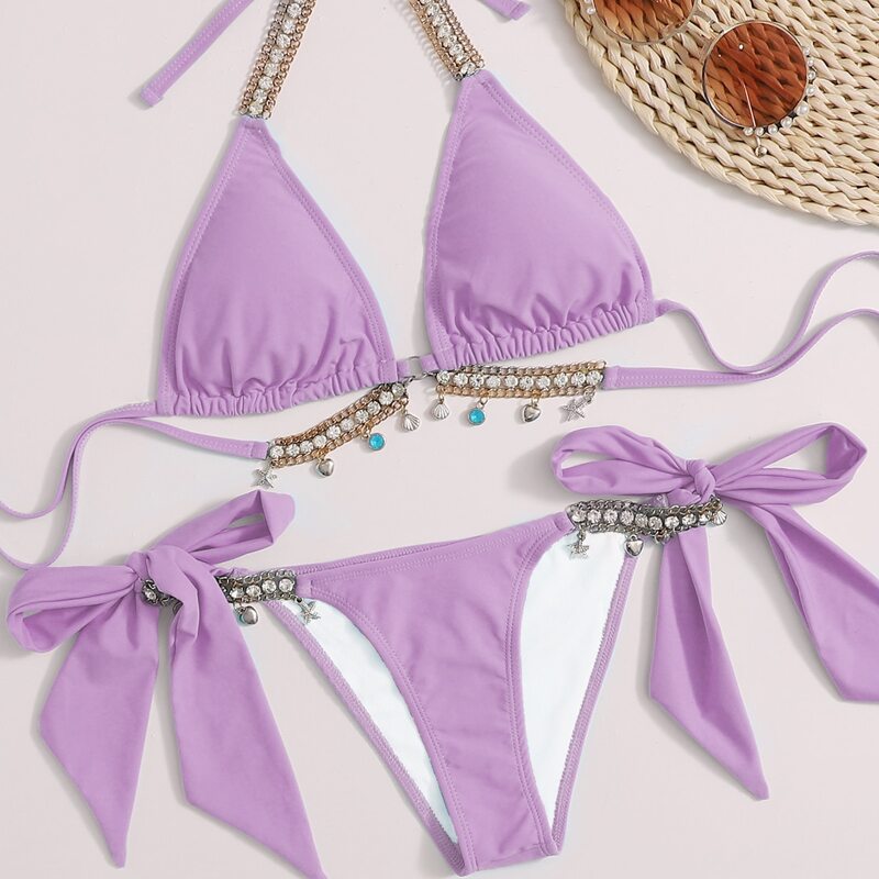 

Chain Linked Triangle Tie Side Bikini Swimsuit, Pastel lilac purple