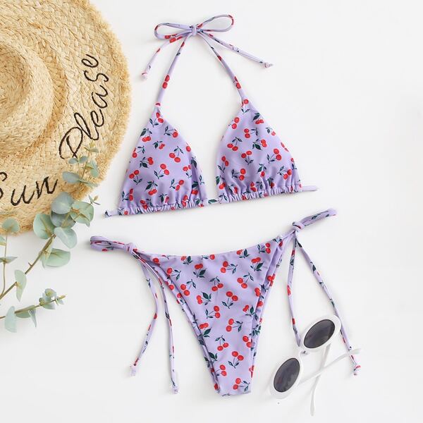 

Cherry Print Triangle Tie Side Bikini Swimsuit, Pastel lilac purple