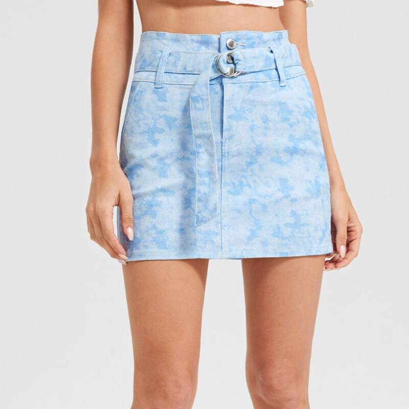 

Button Front Belted Tie Dye Denim Skirt, Light wash