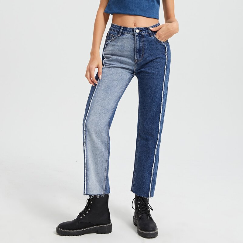 

High Waisted Raw Trim Spliced Jeans, Medium wash