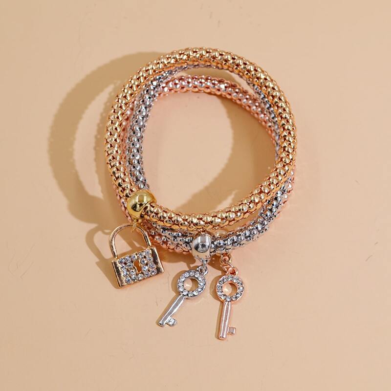 

3pcs Key & Lock Charm Bracelet, Multicolor