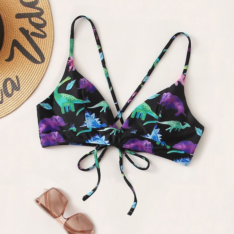 

Cartoon Dinosaur Print Bikini Top, Multicolor