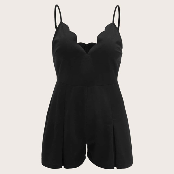 

Plus Scallop Edge Fold Pleated Front Cami Romper, Black