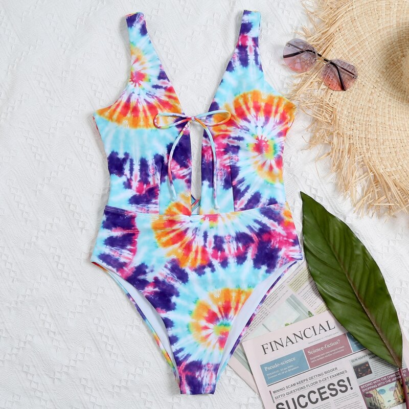 

Tie Dye Knot Front Plunging One Piece Swimsuit, Multicolor