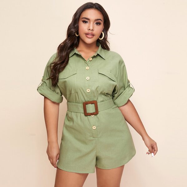

Plus Roll Tab Sleeve Flap Pocket Belted Shirt Romper, Pastel mint green