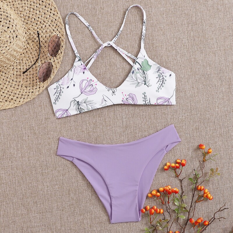 

Plant Print Tie Back Bikini Swimsuit, Pastel lilac purple