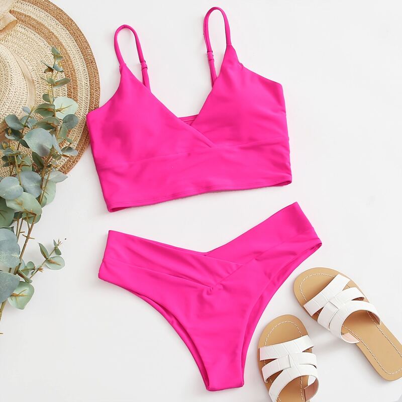 

Surplice Neck Bikini Swimsuit, Hot pink bright