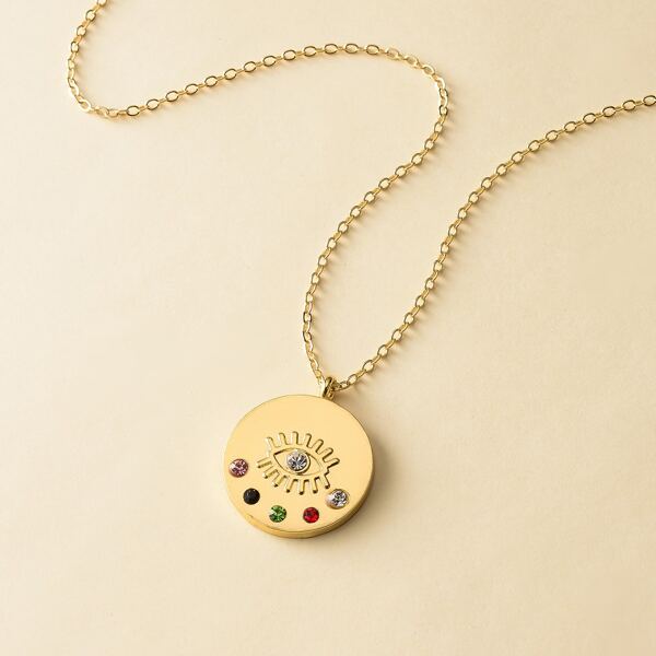 

Evil Eye Pattern Round Charm Necklace, Gold