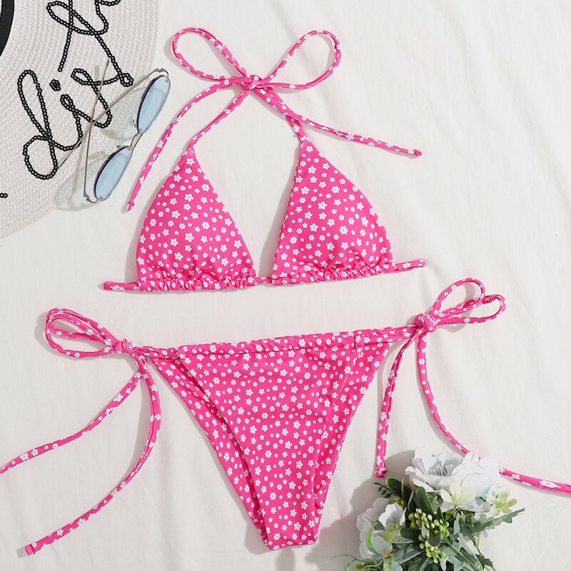 

Ditsy Floral Halter Tie Side Bikini Swimsuit, Pink bright