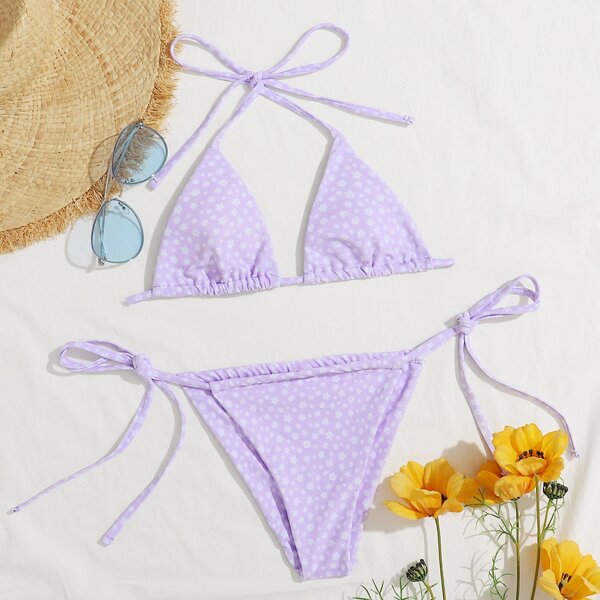 

Ditsy Floral Halter Tie Side Bikini Swimsuit, Pastel lilac purple