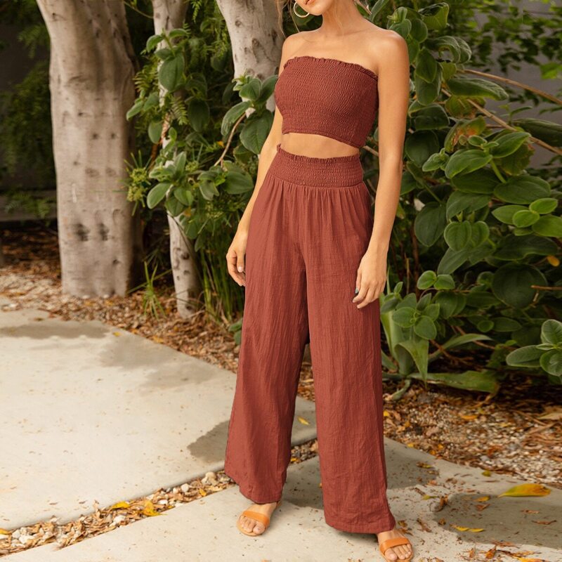 

Shirred Crop Tube Top & Crinkle Pants Set, Rust brown