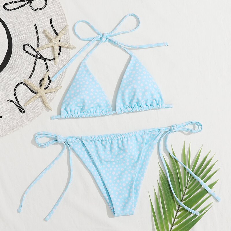 

Ditsy Floral Halter Tie Side Bikini Swimsuit, Pastel baby blue