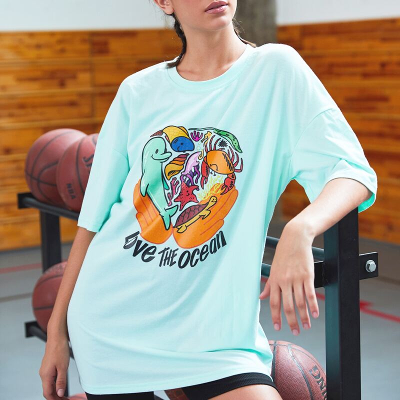 

ROMWE X Oakandbindi Cartoon Graphic Oversized Tee, Mint green