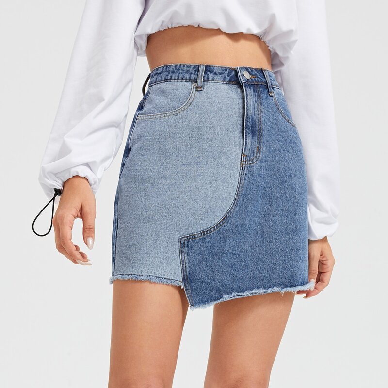 

Raw Hem Color Block Denim Skirt, Medium wash