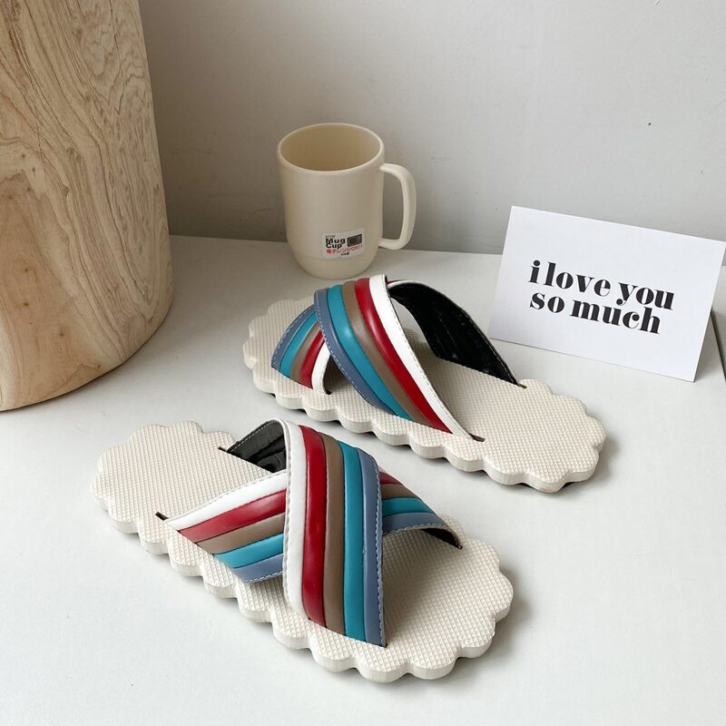 

Scallop Trim Striped Slide Sandals, Multicolor